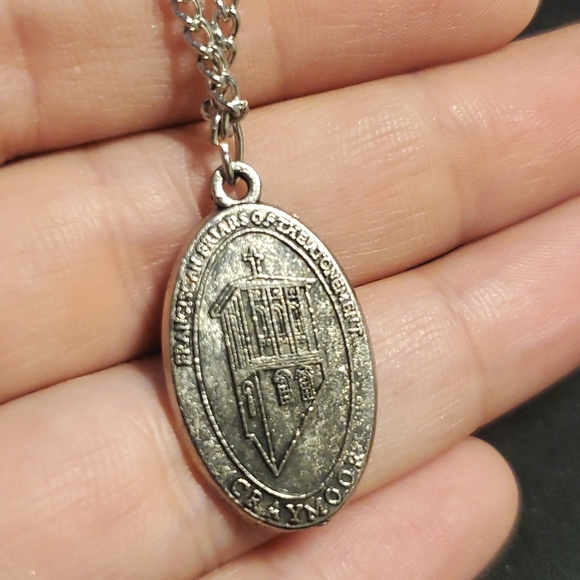 St. Anthony Red Enamel Silvertone Medallion Necklace - Picture 5 of 5